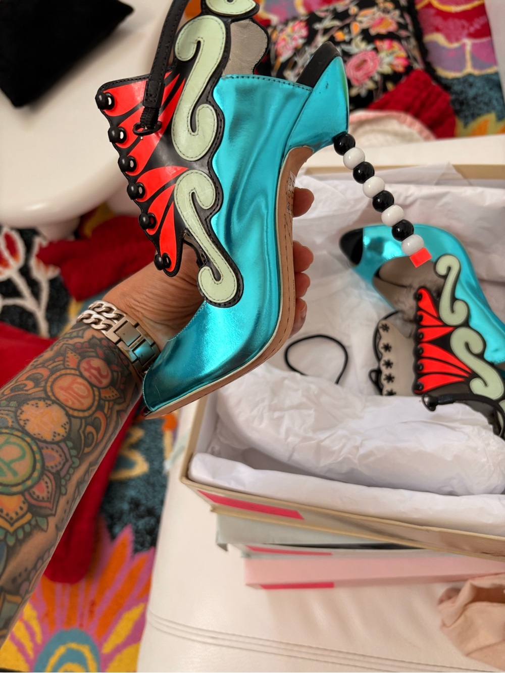 Sophia Webster Metallic Teal and Red Open-Toe Heels with Decorative Accents - Picture 3 of 5